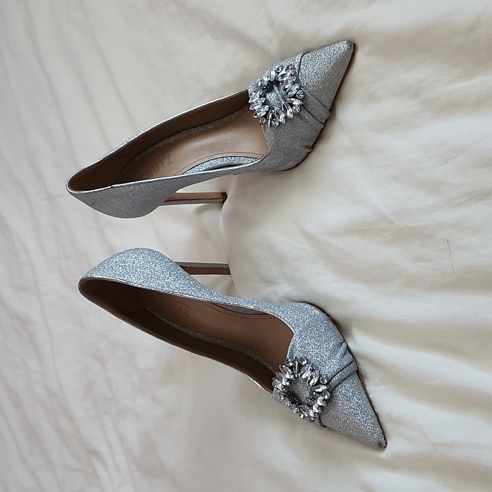 NWOT Schutz Silver Glitter Embellished Heels